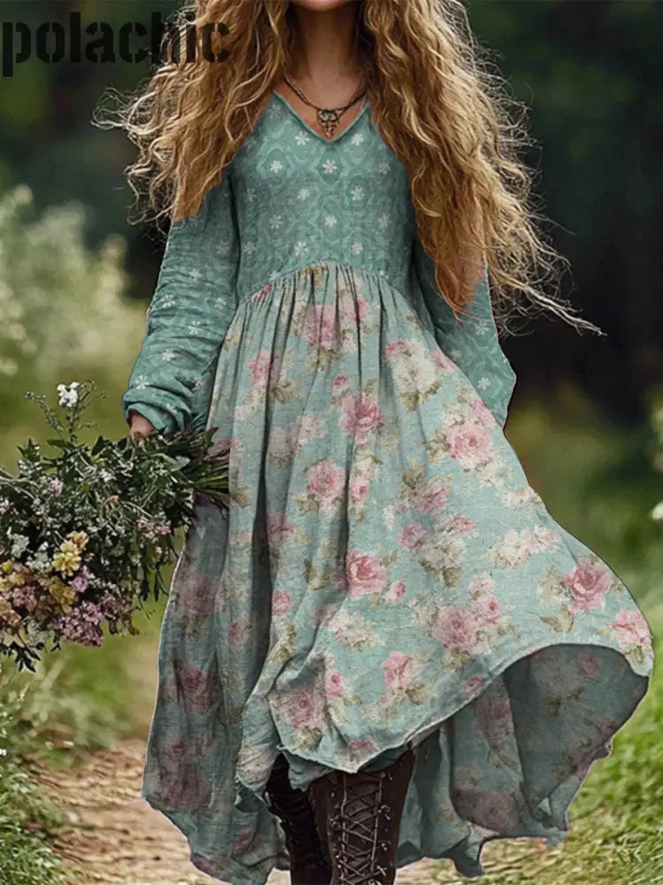 Rétro Boho Floral Art Print Vintage Chic Col En V À Manches Longues Midi Dress A / S