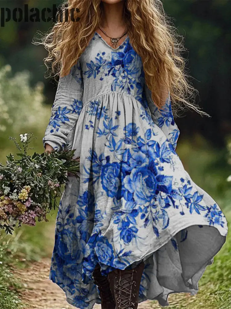 Rétro Boho Floral Art Print Vintage Chic Col En V À Manches Longues Midi Dress A / S