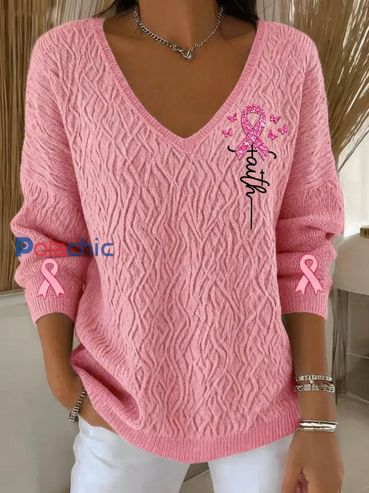 Retro Breast Cancer Diamond Faith Print Pull Ă  manches longues Rose / S
