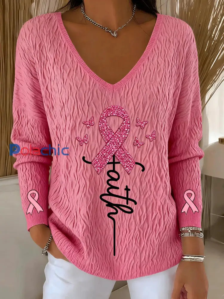 Retro Breast Cancer Diamond Faith Print Pull à manches longues Rose / S