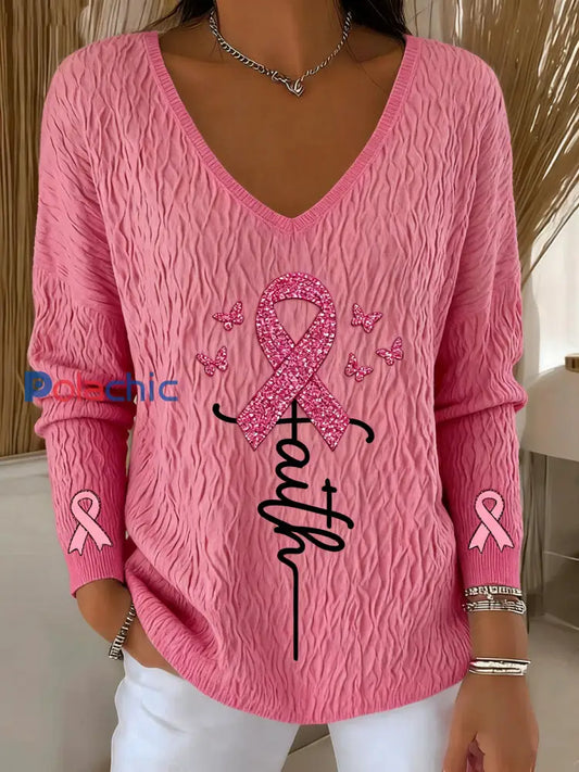 Retro Breast Cancer Diamond Faith Print Pull Ă  manches longues Rose / S