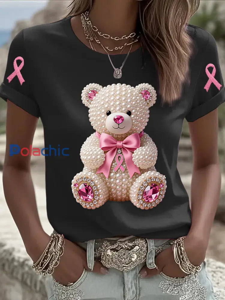 Retro Breast Cancer Pearl Bow Bear Imprimer T-shirt à manches courtes Noir / S