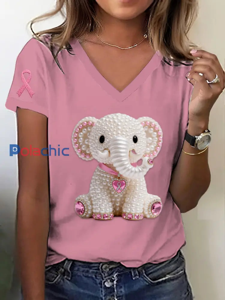 Rétro Breast Cancer Pearl Diamond Elephant Imprimer V-Neck T-shirt à manches courtes Rose / S