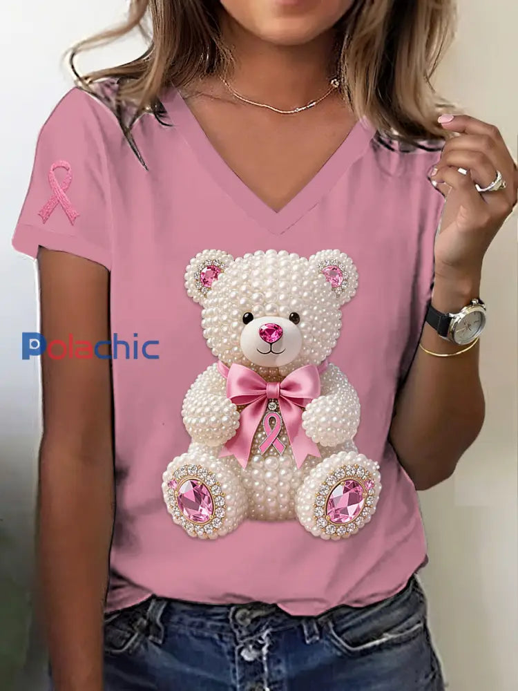 Retro Breast Cancer Pearl Diamond Mignon Ours Imprimer V-cou T-shirt à manches courtes Rose / S