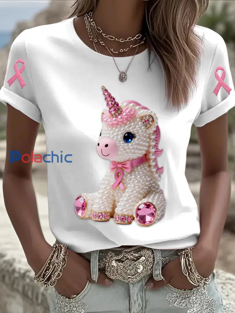 Retro Breast Cancer Pearl Diamond Pony Imprimer T-shirt à manches courtes Blanc / S