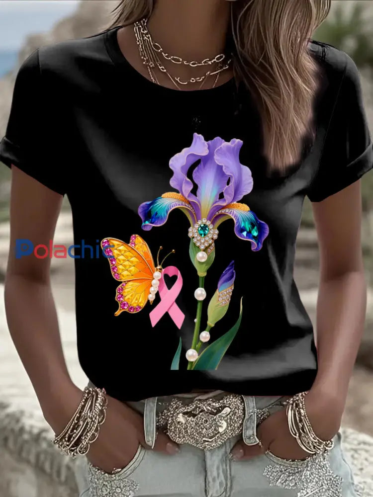 Rétro Cancer Du Sein Floral Papillon Bijoux Impression Confortable Casual Coton À Manches Courtes T-shirt Noir / S