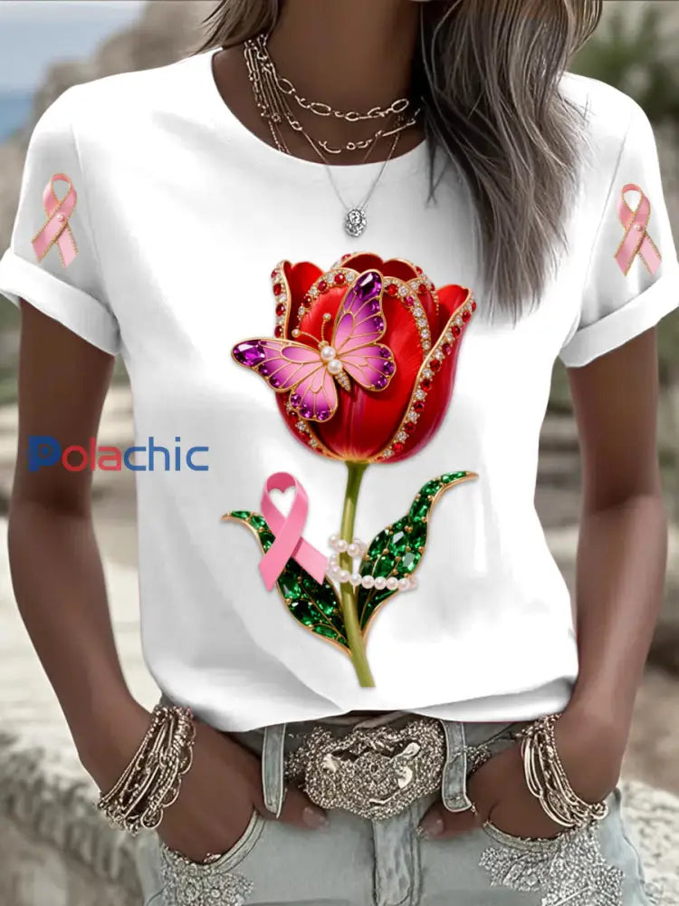 Rétro Cancer Du Sein Floral Papillon Ruban Bijoux Impression Confortable Casual Coton À Manches Courtes T-shirt Blanc