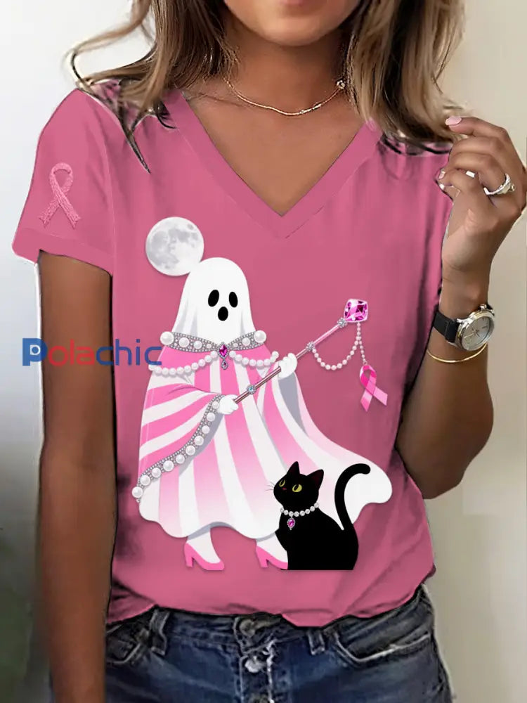 Rétro Cancer Du Sein Halloween Fantôme Chat Noir Bijoux Imprimer Col En V À Manches Courtes T-shirt Rose / S