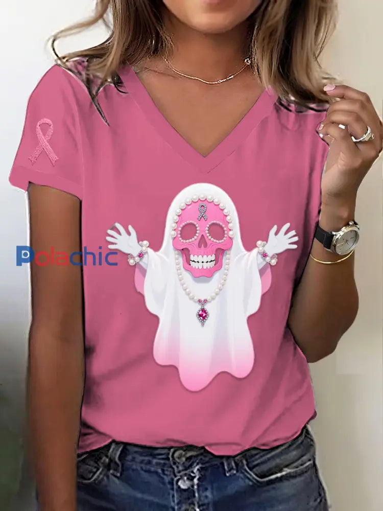 Rétro Cancer Du Sein Halloween Fantôme Crâne Bijoux Imprimer V-Neck T-shirt À Manches Courtes Rose / S