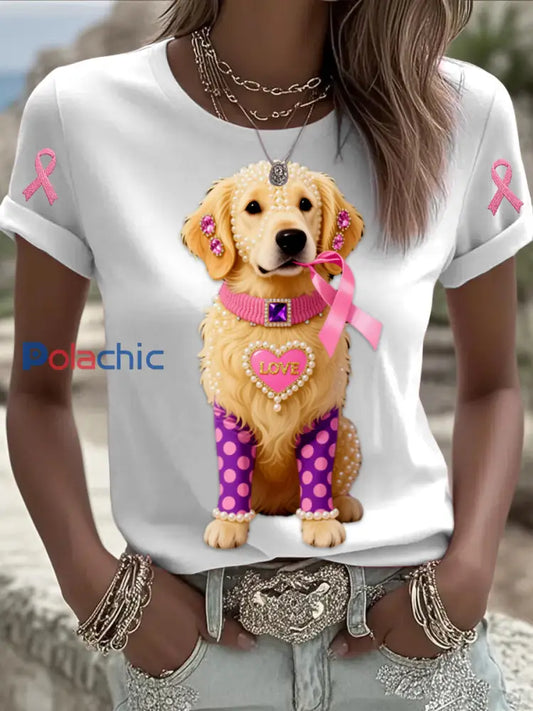 Rétro Cancer Du Sein Perle Bijoux Aime Mignon Chien Imprimé Confortable Casual Coton À Manches Courtes T shirt Blanc / S