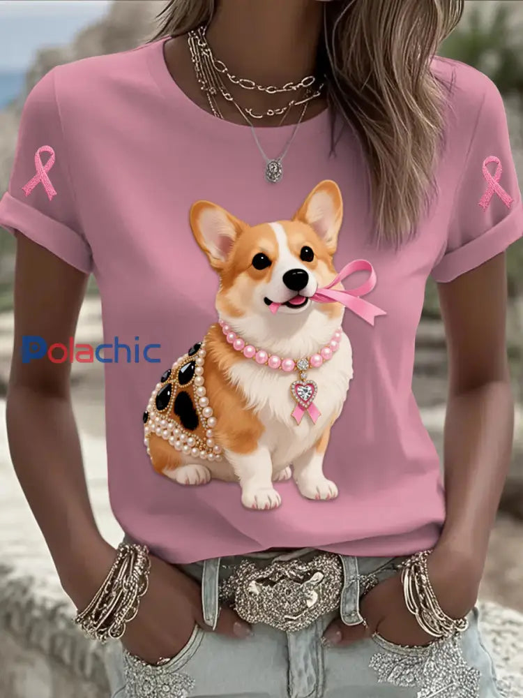 Rétro Cancer Du Sein Perle Bijoux Corgi Chiot Imprimer Confortable Casual Coton À Manches Courtes T shirt Blanc / S