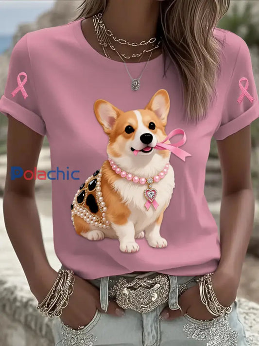 Rétro Cancer Du Sein Perle Bijoux Corgi Chiot Imprimer Confortable Casual Coton À Manches Courtes T shirt Blanc / S
