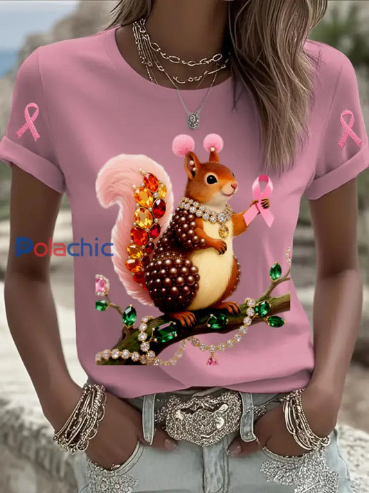 Rétro Cancer Du Sein Perle Bijoux Écureuil Impression Confortable Casual Coton À Manches Courtes T shirt Blanc / S