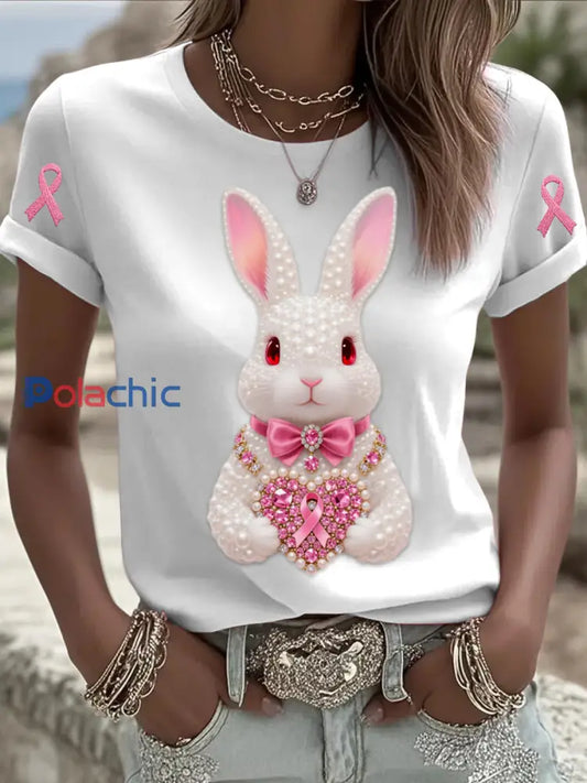 Rétro Cancer Du Sein Perle Bijoux Mignon Lapin Imprimé Confortable Casual Coton À Manches Courtes T shirt Blanc / S
