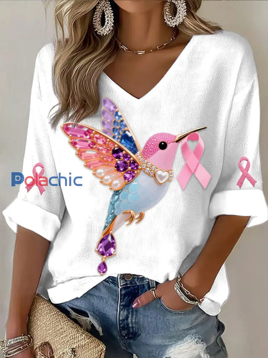 Rétro Cancer Du Sein Perle Diamant Multicolore Colibri Abstrait Imprimer Casual Coton Gaufre À Manches Longues T Shirt