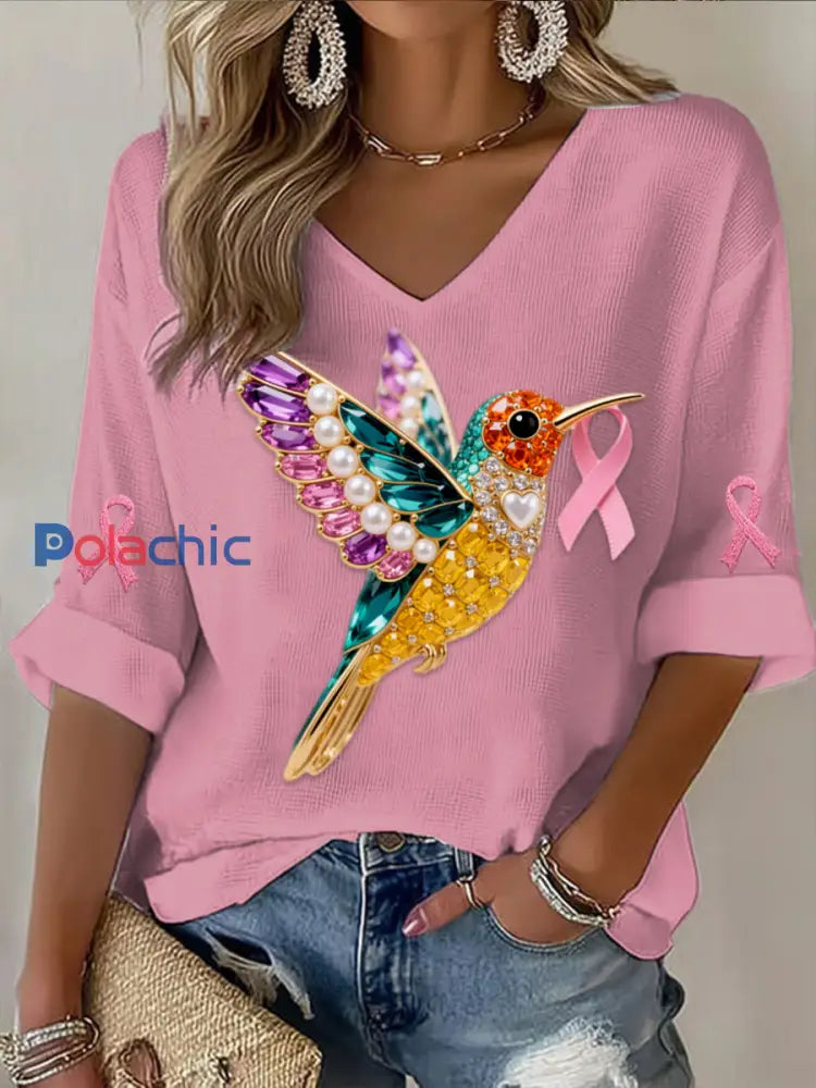Rétro Cancer Du Sein Perle Diamant Multicolore Colibri Abstrait Imprimer Casual Coton Gaufre À Manches Longues T Shirt