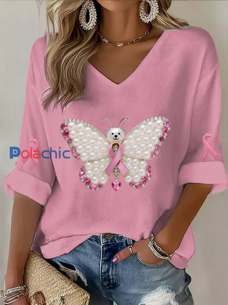 Rétro Cancer Du Sein Perle Diamant Papillon Imprimé Casual Coton Gaufré À Manches Longues T-shirt Rose / S