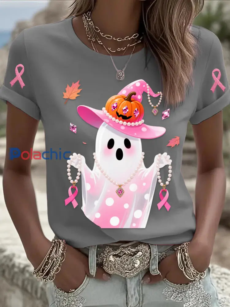 Rétro Cancer Du Sein Perle Halloween Fantôme Imprimé Confortable Décontracté Coton À Manches Courtes T shirt Gris / S
