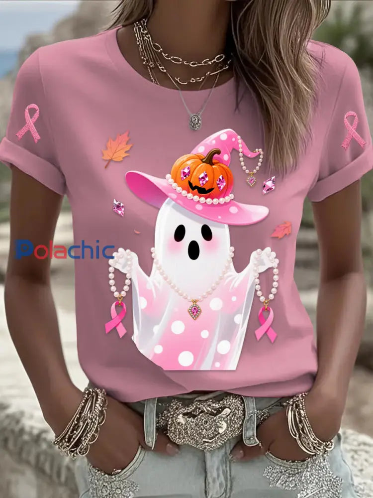 Rétro Cancer Du Sein Perle Halloween Fantôme Imprimé Confortable Décontracté Coton À Manches Courtes T shirt Rose / S