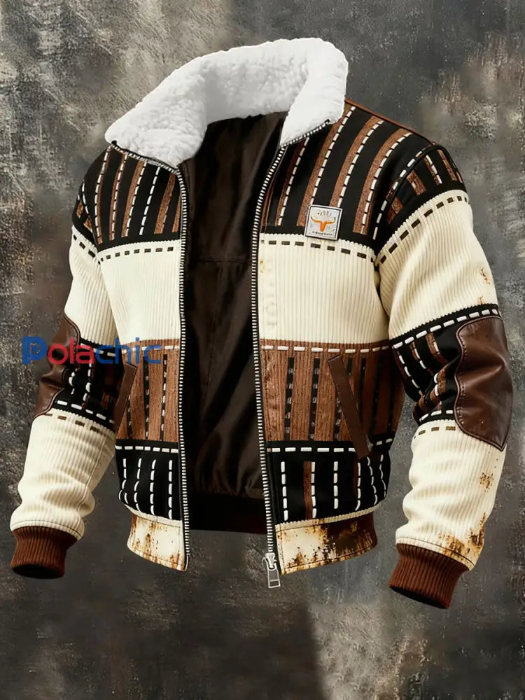 Retro Color Block Print Casual col en fourrure pour hommes Sweat-shirt zippé comme image / S