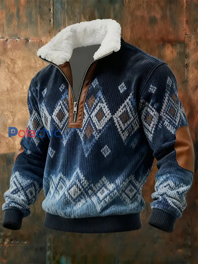 Retro Color Block Print Casual col en fourrure Sweat à capuche zippé pour hommes comme image / S