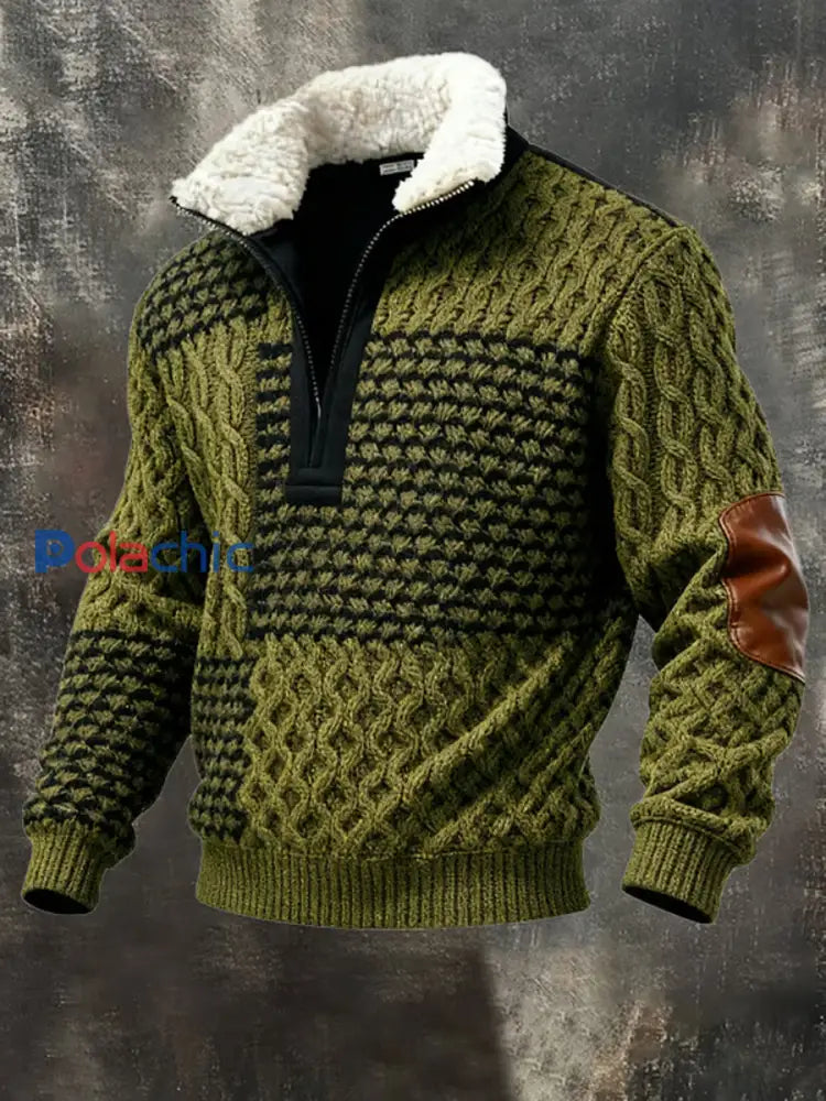 Retro Color Block Print Casual col en fourrure Sweat à capuche zippé pour hommes comme image / S