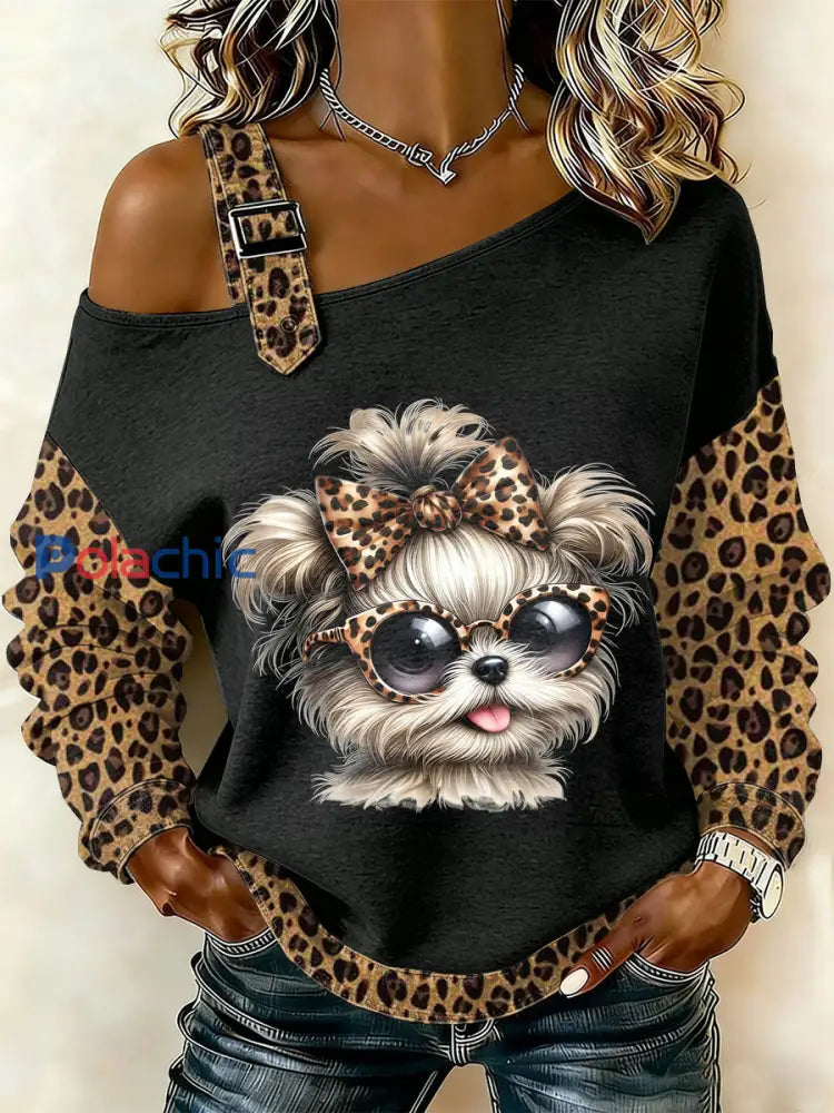 Retro Dog Patchwork Imprimé Casual Off-épaule Sweatshirt Femme comme image / S