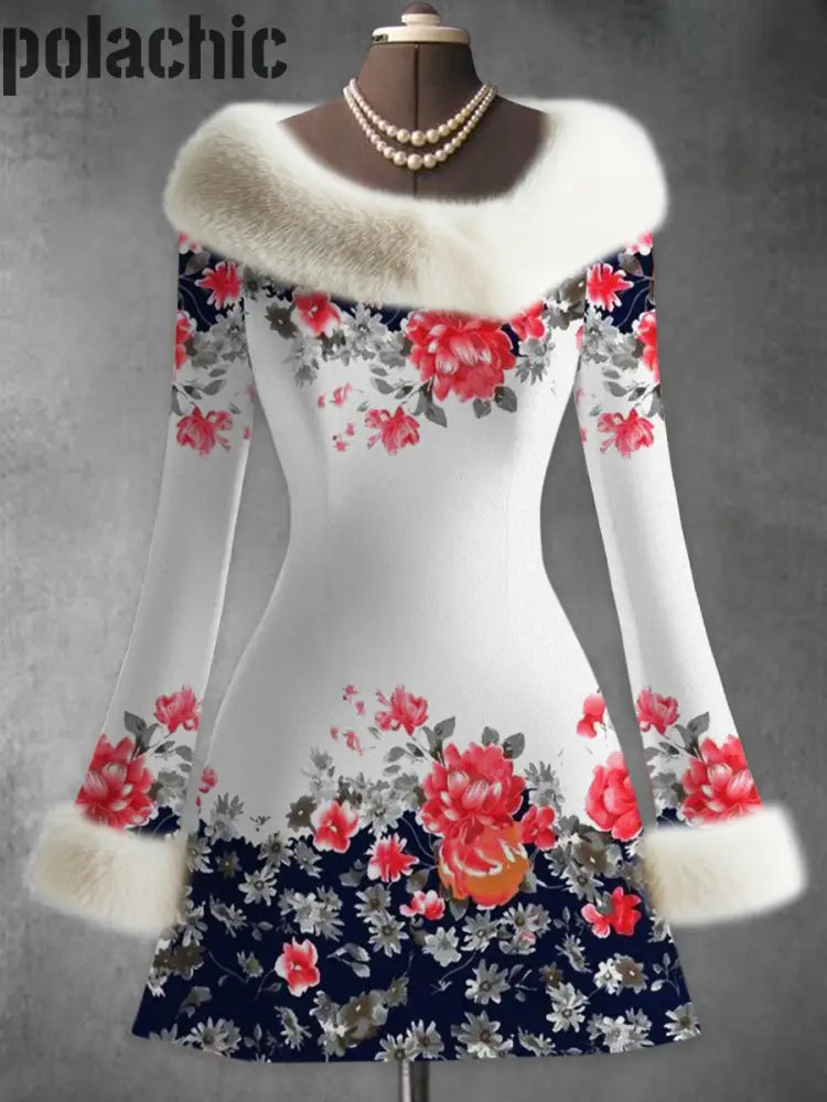 Rétro Floral Art Imprimé Vintage Élégant Col En Fourrure Manchette Épais À Manches Longues Midi Robe