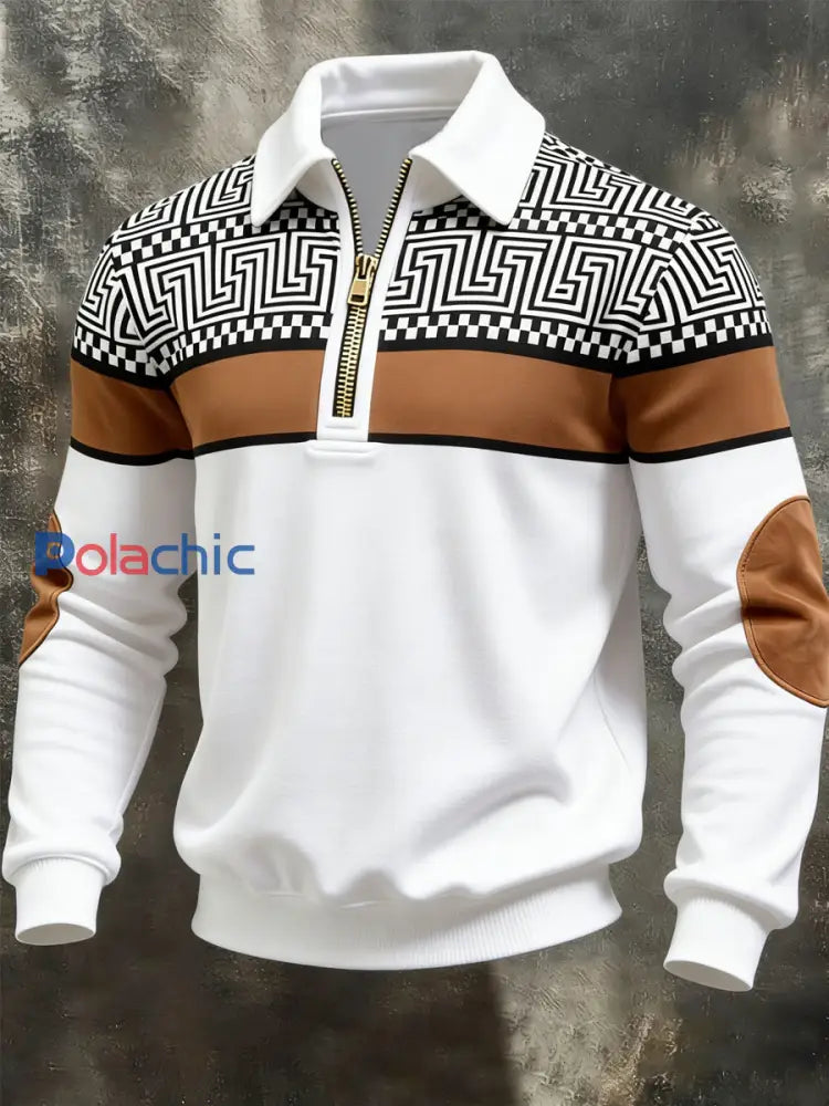 Retro géométrique Colorblock Print Casual Half-Zip Sweatshirt Blanc / S