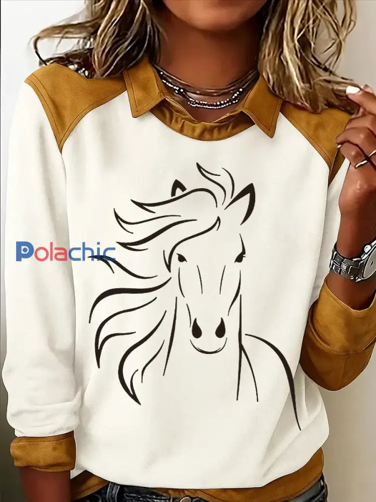Retro Horse Print Horse Lovers Sweat-shirt décontracté pour femmes Blanc / S