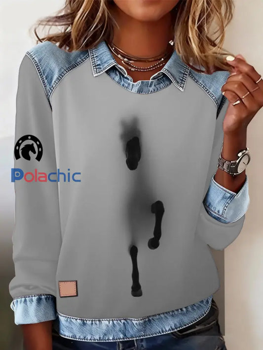 Retro Horse Print Horse Lovers Sweat-shirt décontracté pour femmes Gris clair / S