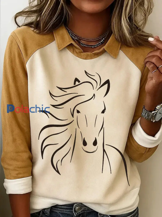 Retro Horse Print Horse Lovers Sweat-shirt décontracté pour femmes Jaune clair / S