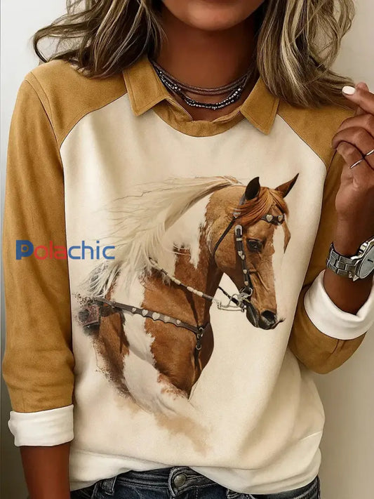 Retro Horse Print Horse Lovers Sweat-shirt décontracté pour femmes Jaune Marron / S
