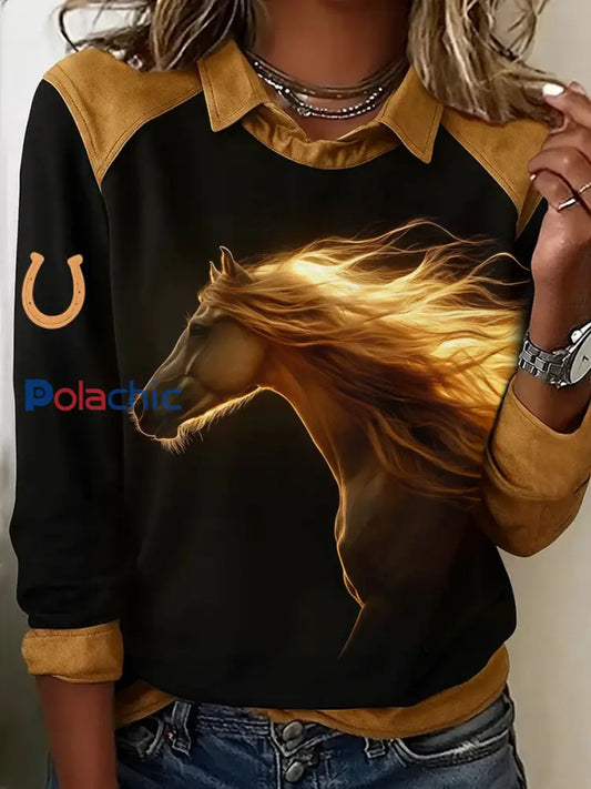 Retro Horse Print Horse Lovers Sweat-shirt décontracté pour femmes Noir / S