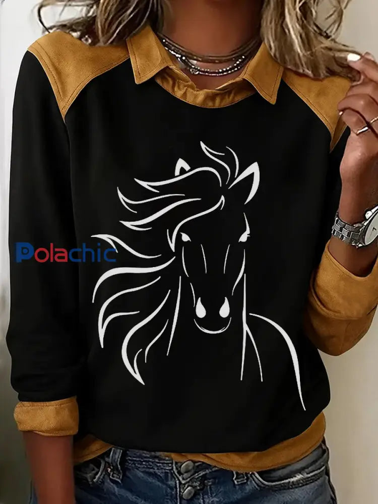 Retro Horse Print Horse Lovers Sweat-shirt décontracté pour femmes Noir / S