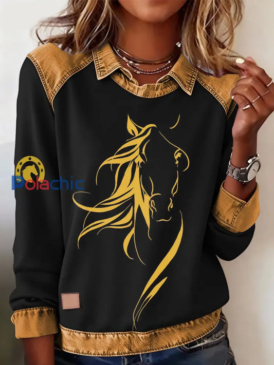 Retro Horse Print Horse Lovers Sweat-shirt décontracté pour femmes Noir / S