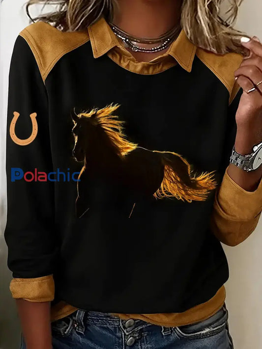 Retro Horse Print Horse Lovers Sweat-shirt décontracté pour femmes Noir / S