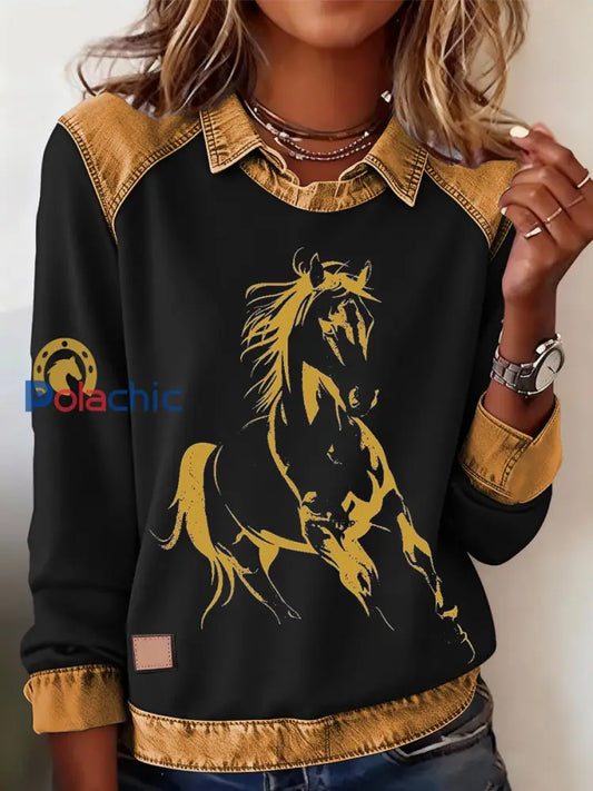 Retro Horse Print Horse Lovers Sweat-shirt décontracté pour femmes Noir / S