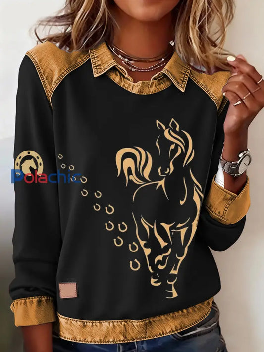 Retro Horse Print Horse Lovers Sweat-shirt décontracté pour femmes Noir / S