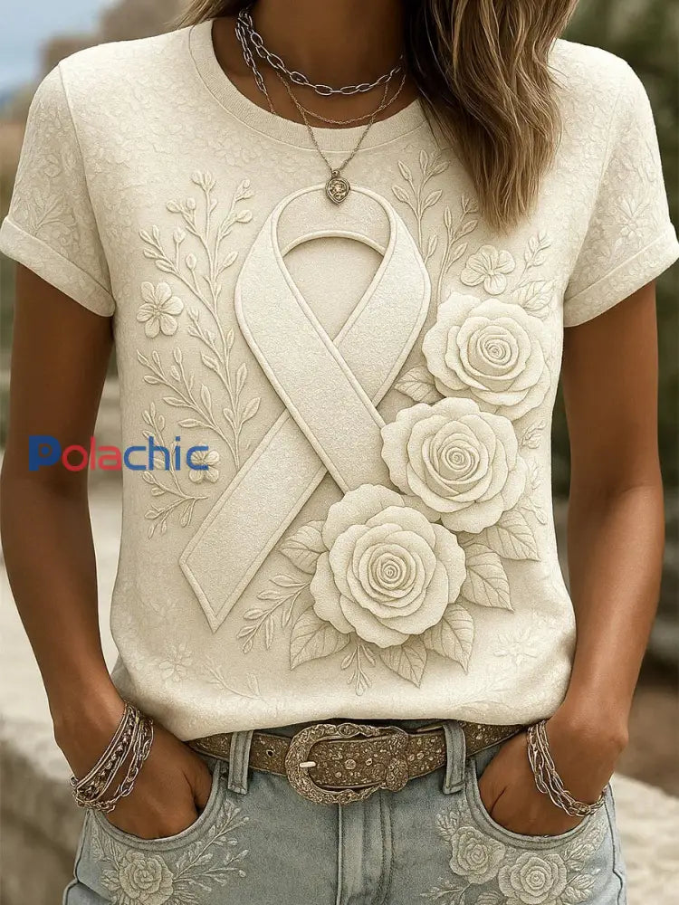 Rétro poitrine sensibilisation Floral Art Print T Shirt des femmes A / S