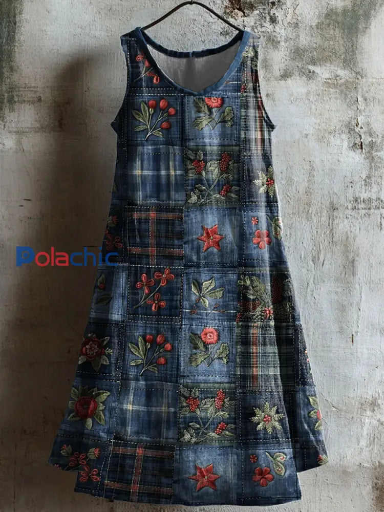 Robe décontractée à imprimé floral patchwork pour femmes Bleu / S