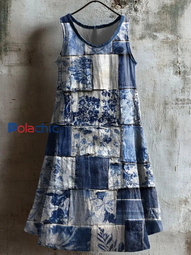 Robe décontractée à imprimé floral patchwork pour femmes Bleu / S