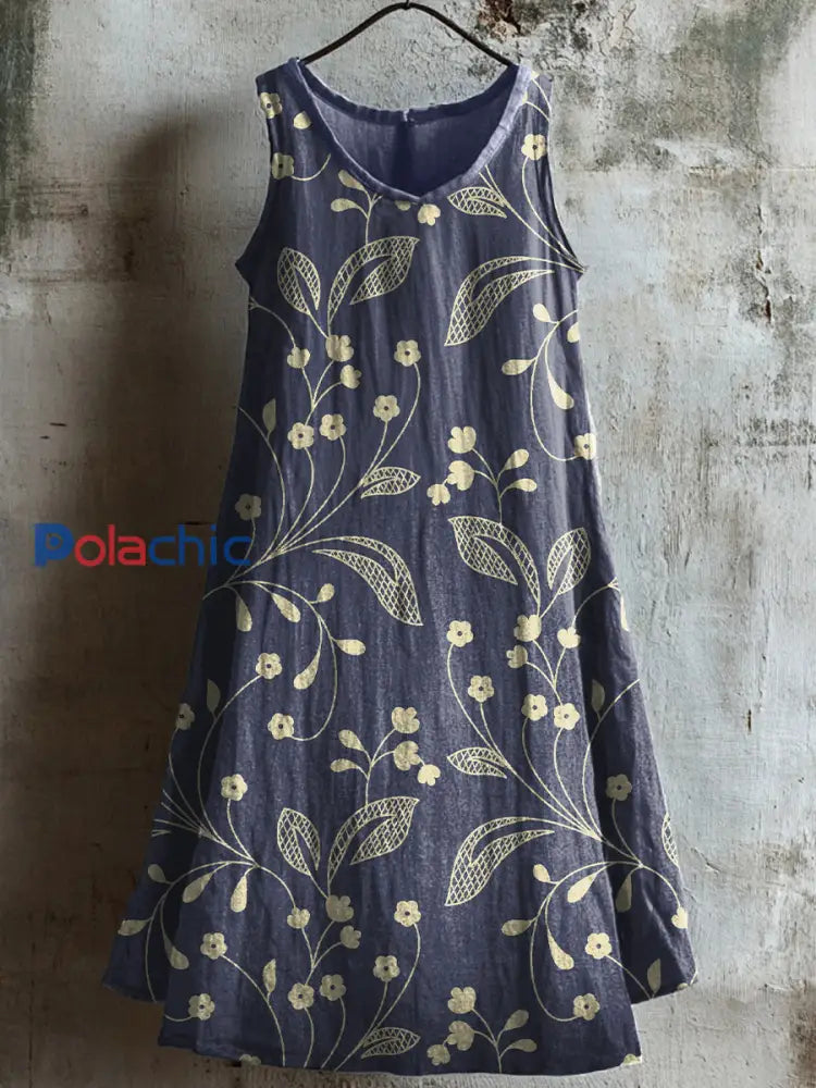 Robe mi-longue en lin à imprimé floral vintage pour femmes comme image / S