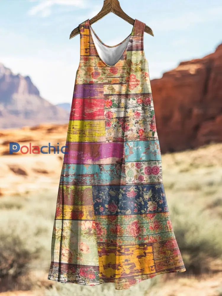 Robe sans manches rétro géométrique imprimé floral pour femmes comme image / S