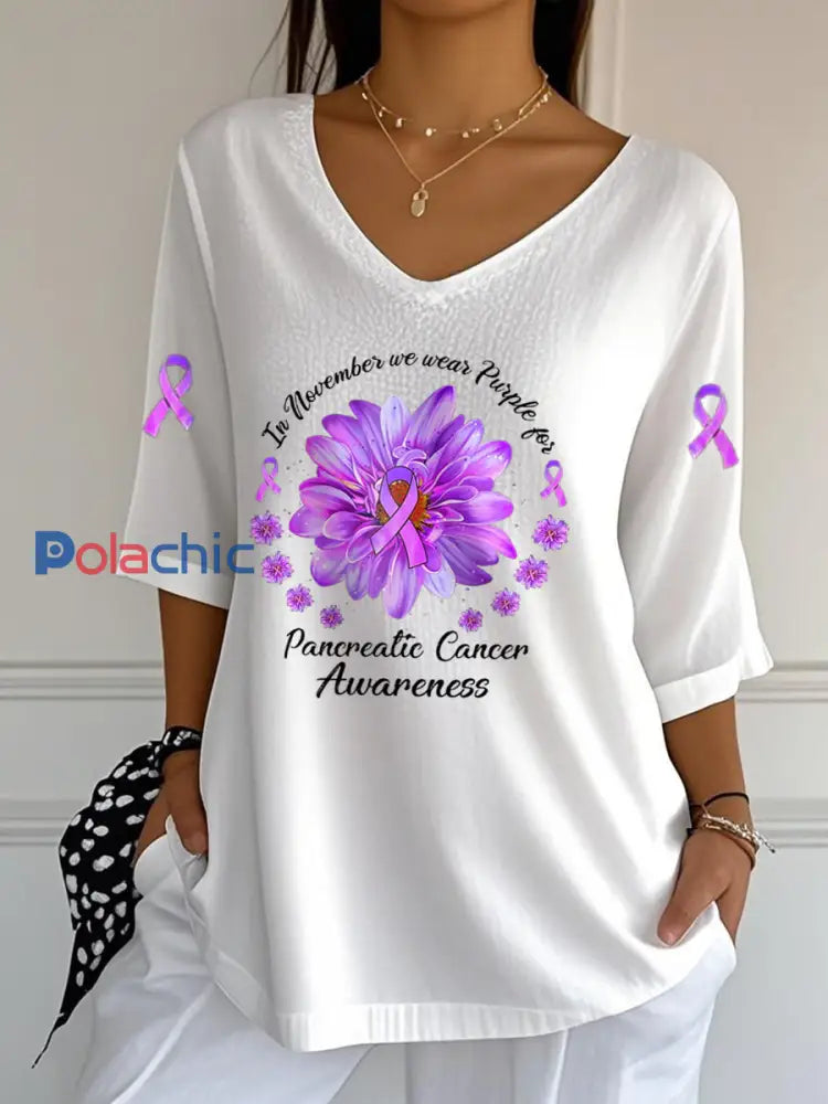 Sensibilisation au cancer du pancréas pour femmes T shirt à manches courtes et col en V blanc / S