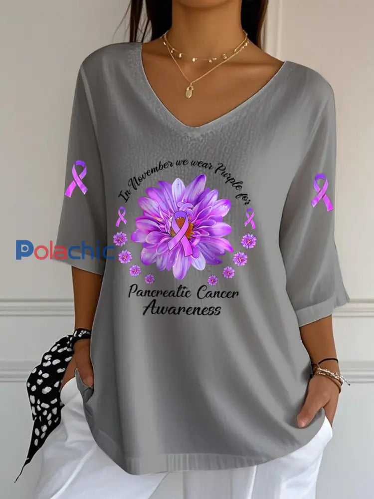Sensibilisation au cancer du pancréas pour femmes T shirt à manches courtes et col en V gris clair / S