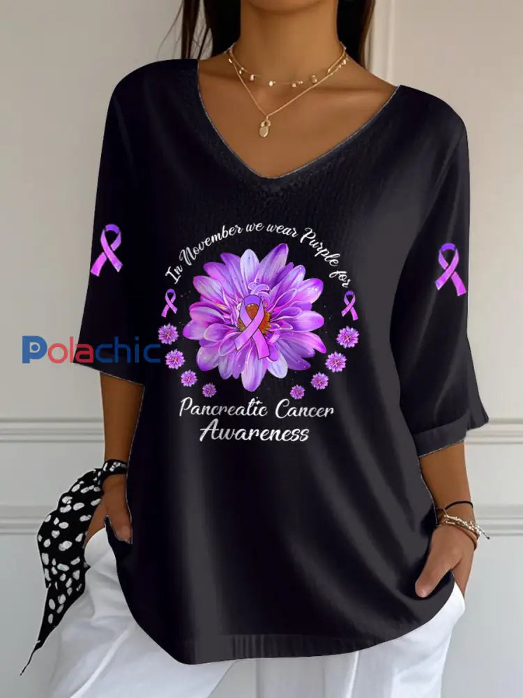 Sensibilisation au cancer du pancréas pour femmes T shirt à manches courtes et col en V noir / S