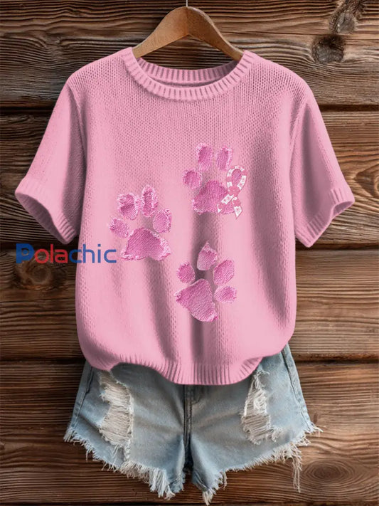 Sensibilisation au cancer du sein Denim chien patte Imprimer T-Shirt des femmes Rose / S