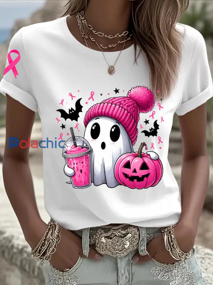 Sensibilisation au cancer du sein des femmes en octobre Nous portons un t shirt à manches courtes rose à ruban rose