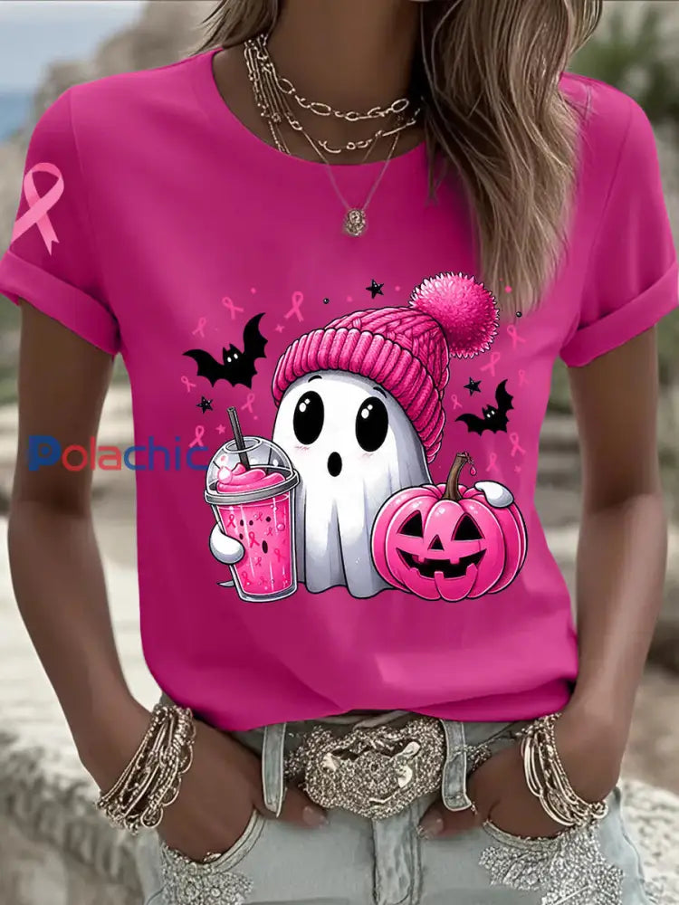Sensibilisation au cancer du sein des femmes en octobre Nous portons un t shirt à manches courtes rose à ruban rose